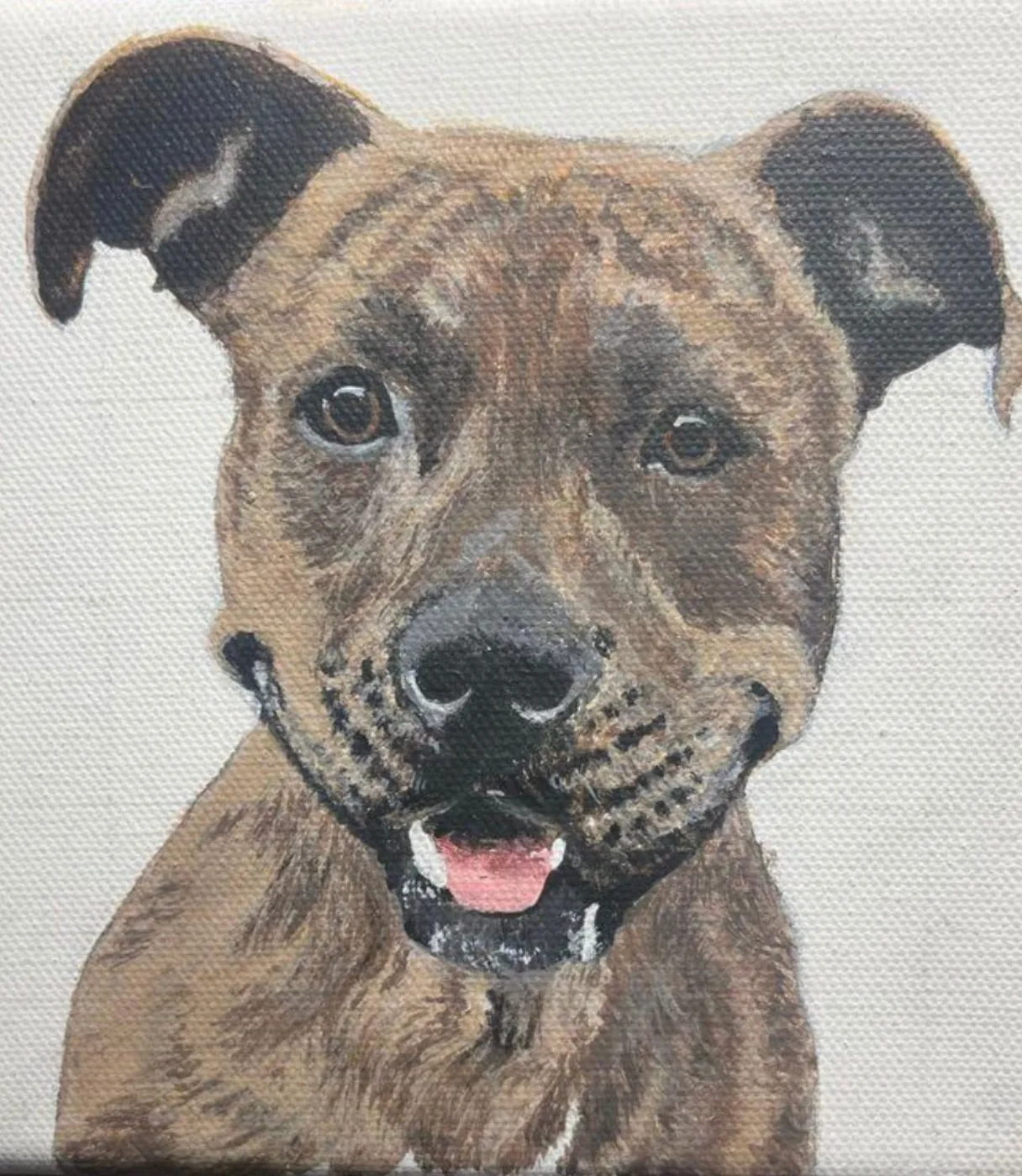 A brindle puppy painted on a 3 × 3 mini canvas