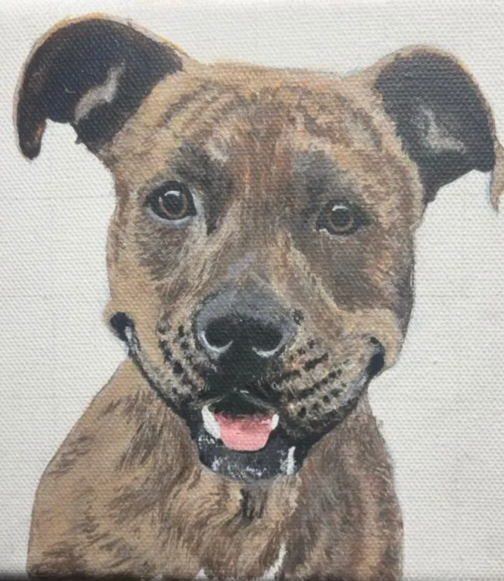 A brindle puppy painted on a 3 × 3 mini canvas