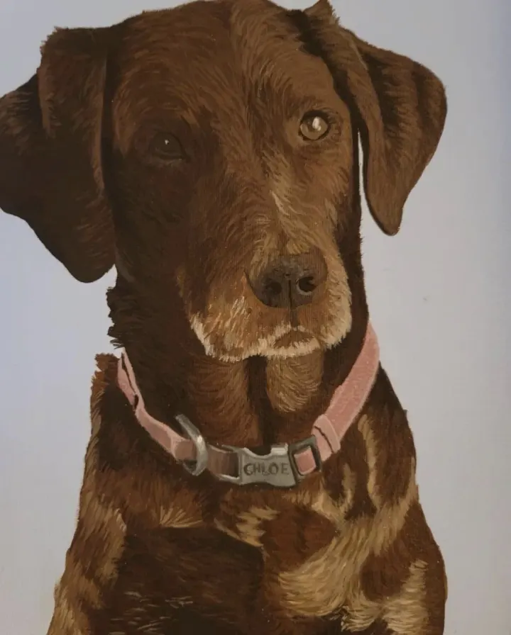 Portrait of Chloe with her name painted on her collar