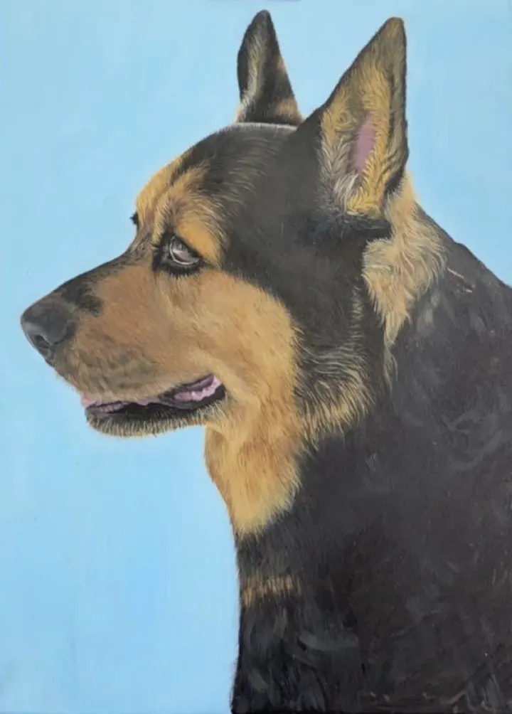 Acrylic portrait of Sadie the German shepherd in profile, by Tatiana Clover