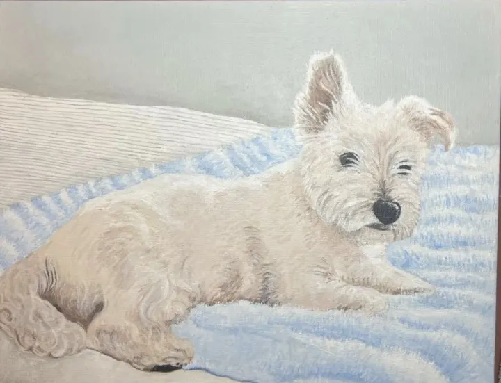 Portrait of Blue the West Highland terrier, acrylic on canvas