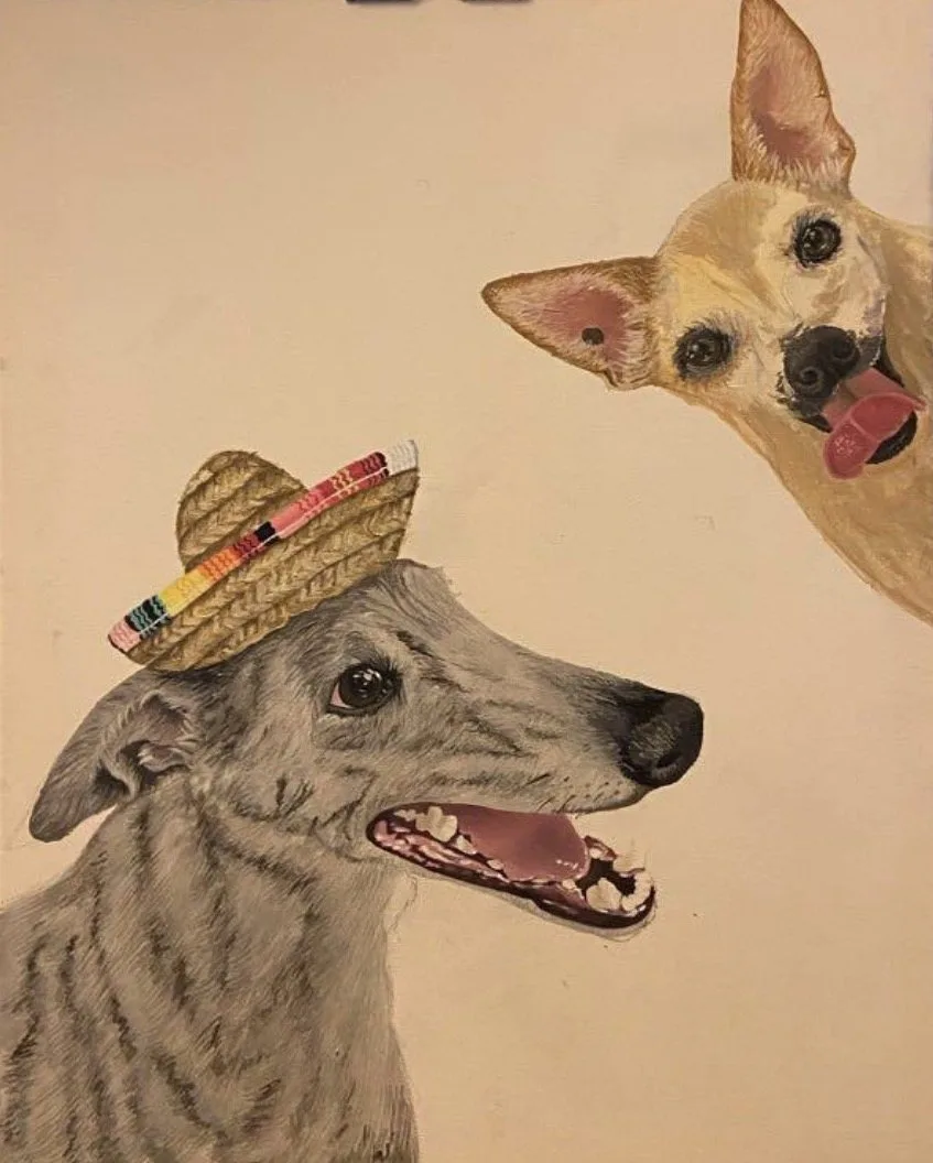Portrait of two dogs on one canvas, one in a tiny sombrero