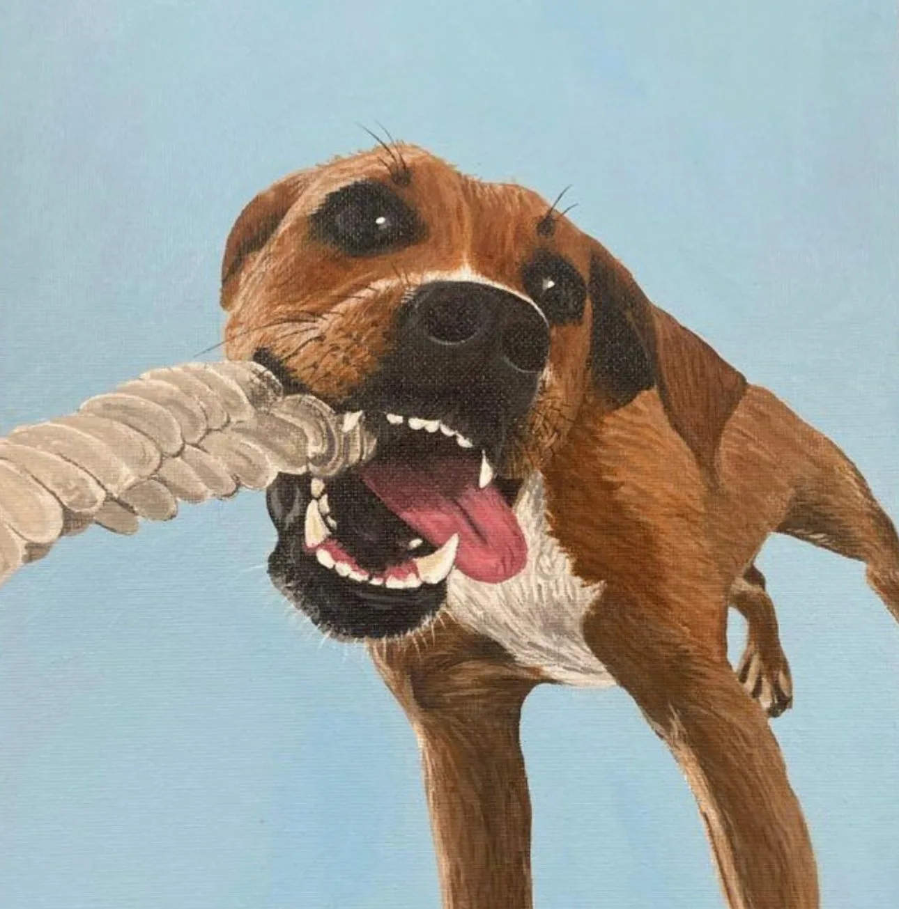 Painting of a dog pulling a rope toy, acrylic on canvas